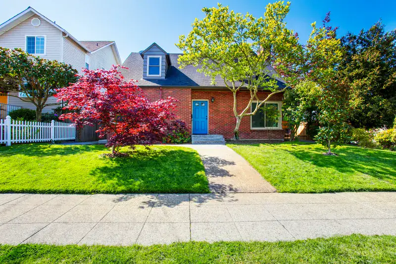 A red-brick detached home behind a maple